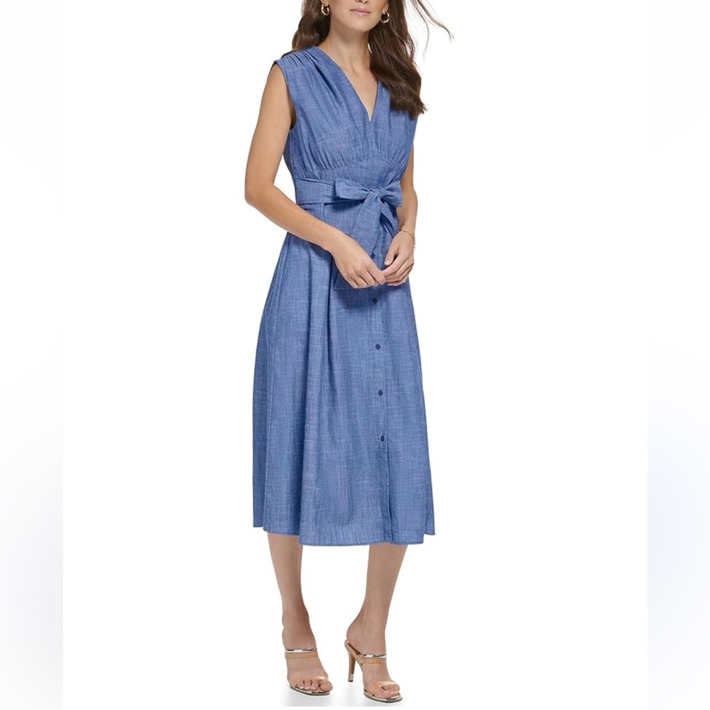 Dkny Sleeveless Blue V-Neck Midi Dress with Tie Waist